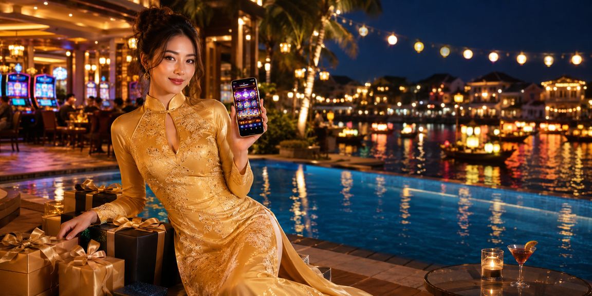 Người phụ nữ mặc áo dài tại Hội An sử dụng ứng dụng casino và cá cược trên điện thoại